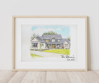 Watercolor Hand Drawn House Custom Portrait